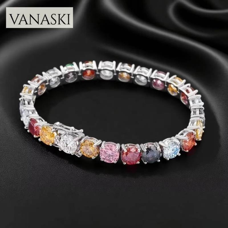 Multicolored gemstone bracelet on a black background with Vanaski branding.