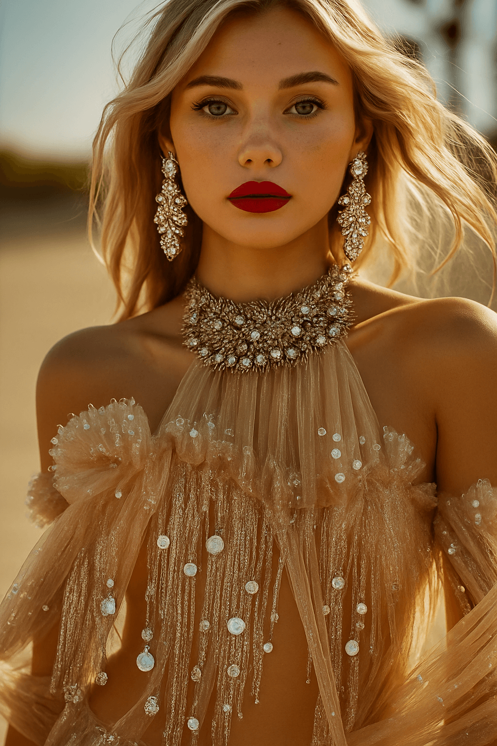 Woman wearing a sparkling, sheer outfit with intricate jewelry in a desert setting