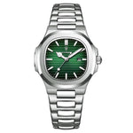 Silver watch with green face on a white background, featuring the Poedagar brand.
