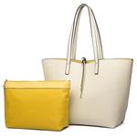 White tote bag with yellow accents and a matching pouch on a white background