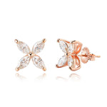 Rose gold butterfly-shaped earrings with clear gemstones on a white background
