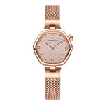 Rose gold watch with a mesh band on a white background