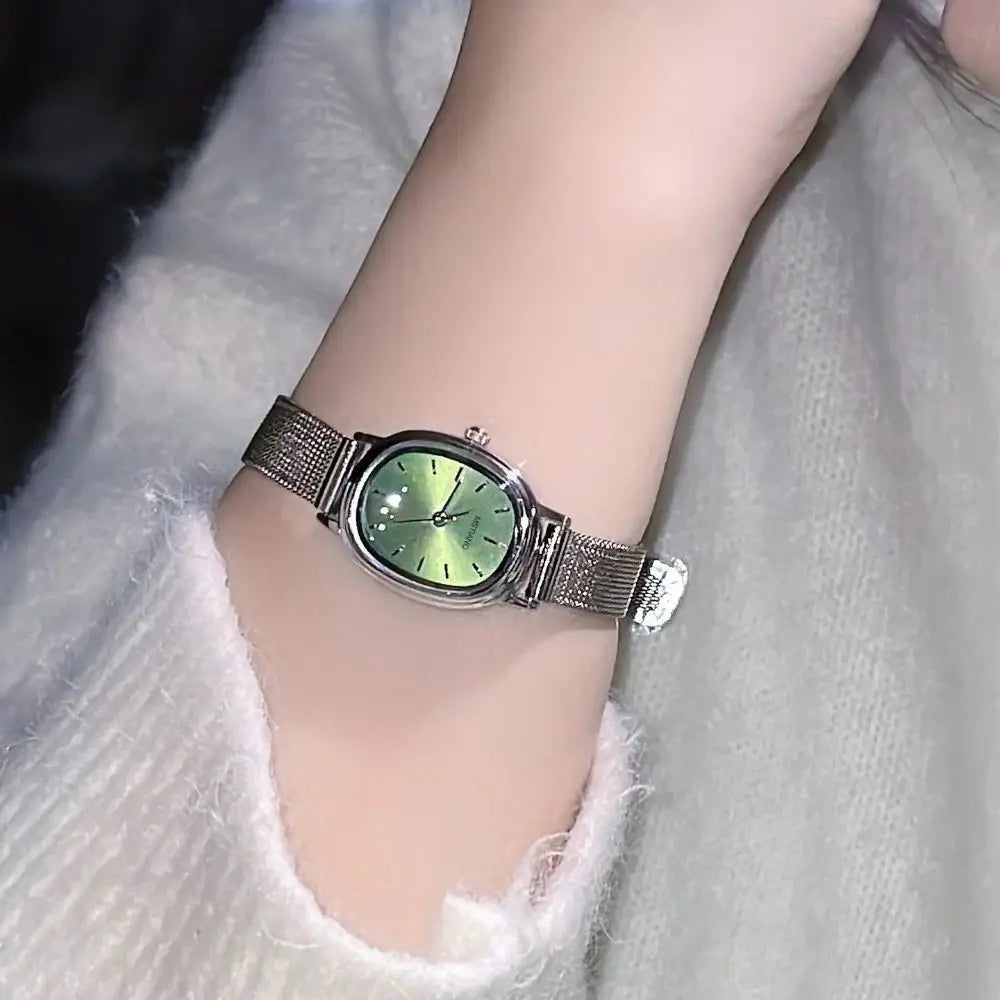 New Oval Dial Women's Watch Stainless Steel Purple Ladies Wristwatches Green Quartz Watch Gifts