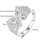Silver ring with diamond-like stones and specifications on a white background