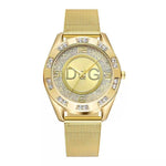 Gold watch with diamond-studded face on a white background