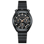 Black watch with a detailed face on a white background