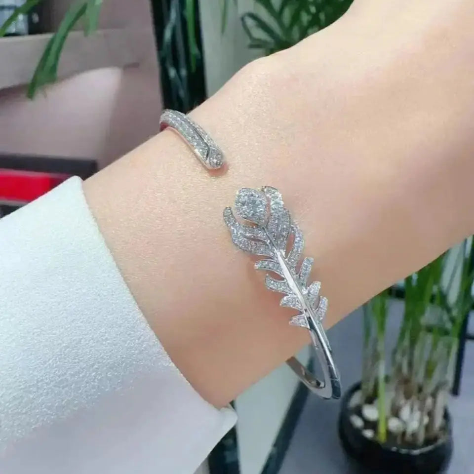 Feather Moissanite Silver Open Bracelet