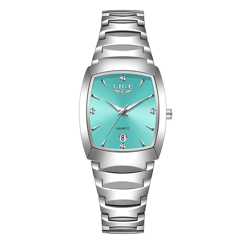 Silver watch with turquoise face on a white background