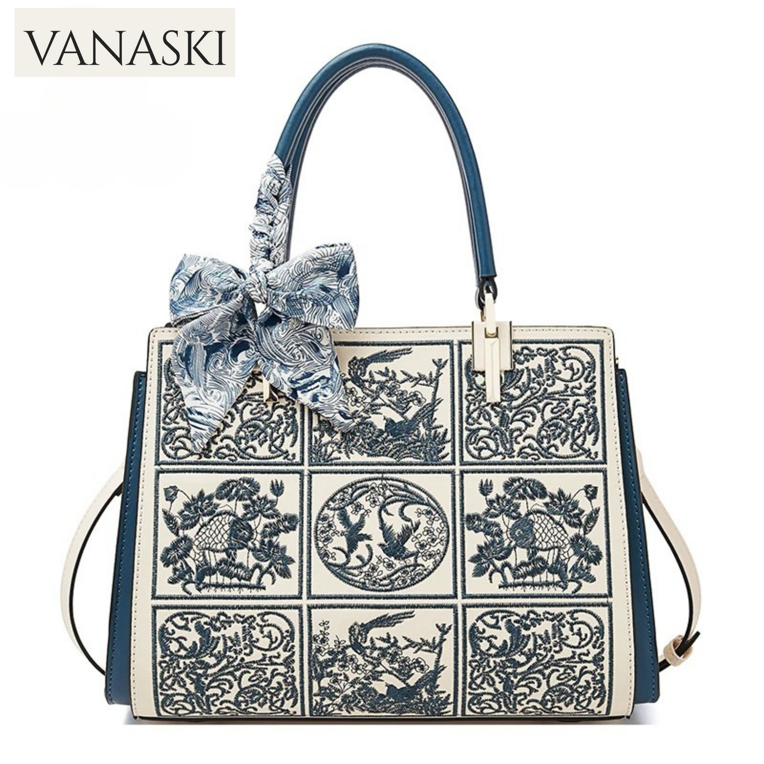 Handbag with floral patterns and a bow, featuring the Vanaski brand.