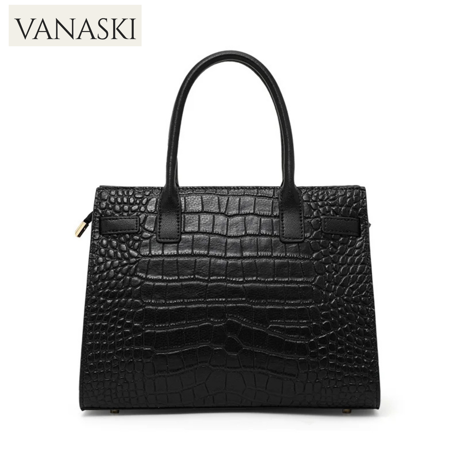 Black textured handbag with VANASKI branding on a white background