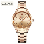 Rose gold watch with 'Curren' brand on a white background, featuring the Vanaski brand name.