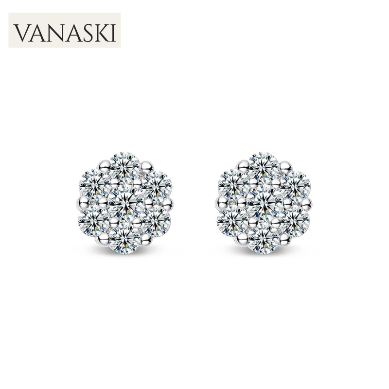 Silver earrings with clear gemstones on a white background, featuring the Vanaski brand.