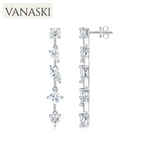 Silver earrings with clear stones on a white background, featuring the Vanaski brand.