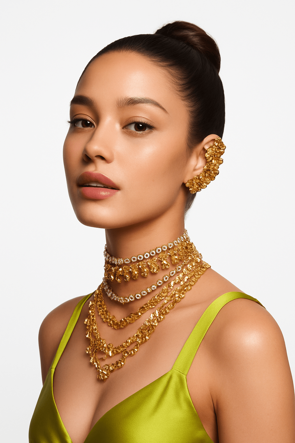 Woman wearing gold jewelry against a plain background