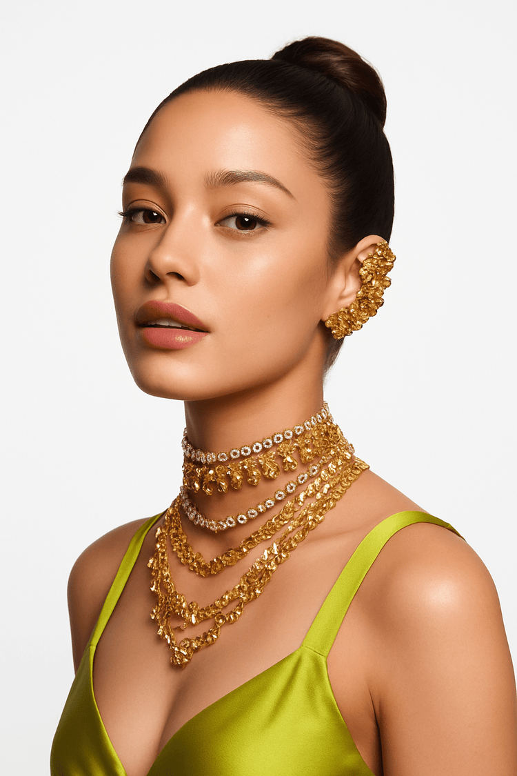 Woman wearing gold jewelry against a plain background
