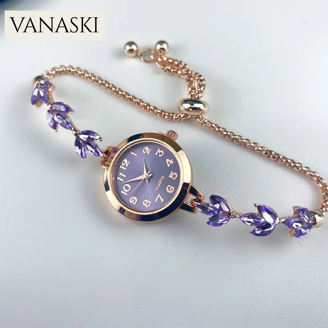 Round alloy case Arabic numeral classic dial leaf-shaped diamond-encrusted fashionable bracelet elegant ladies quartz watch