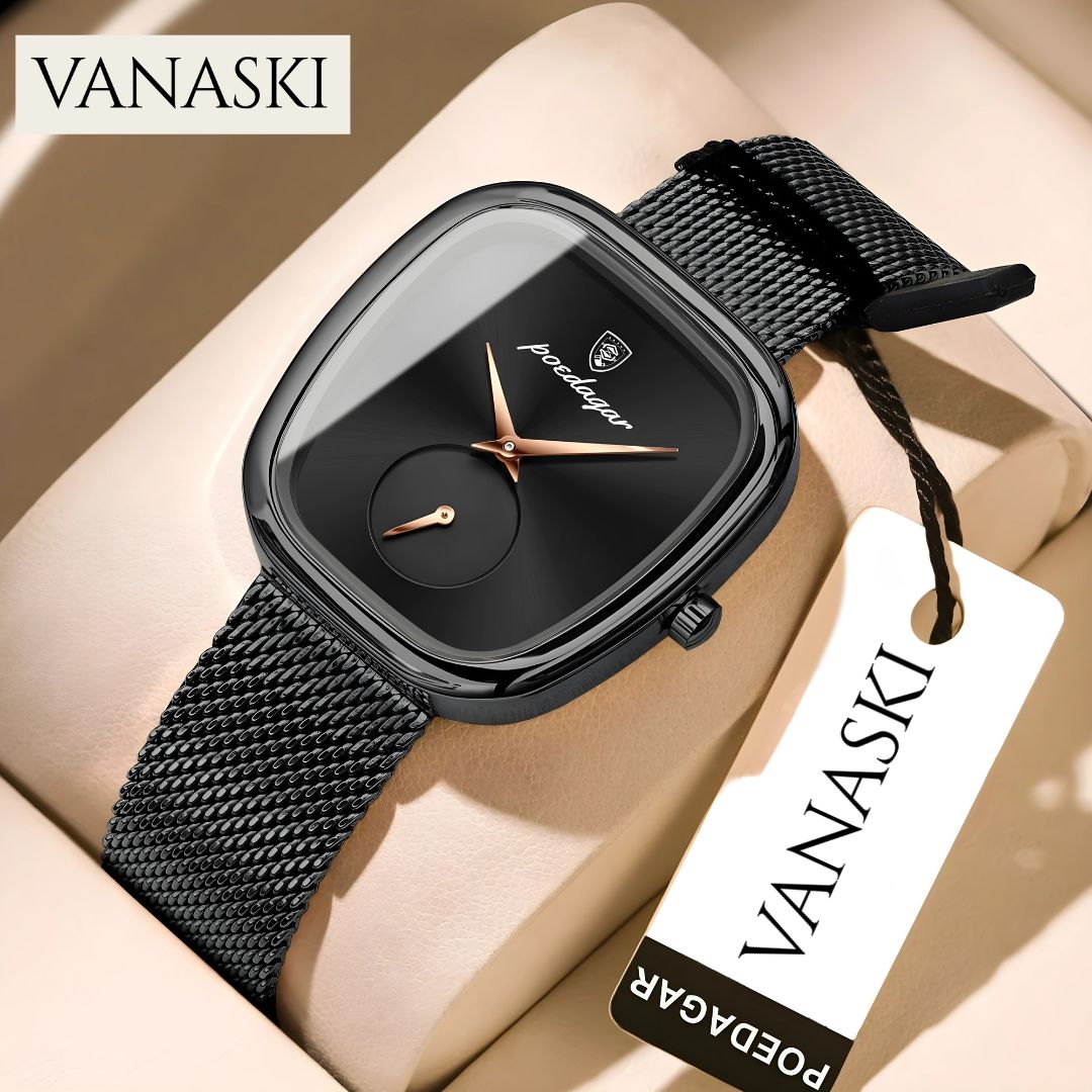 Black wristwatch with mesh band on a beige surface, featuring the VANASKI brand.