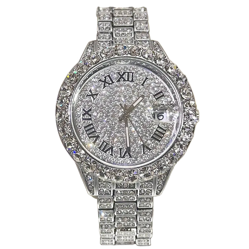 Silver watch with diamond accents on a beige cushion, brand 'Miss fox' visible