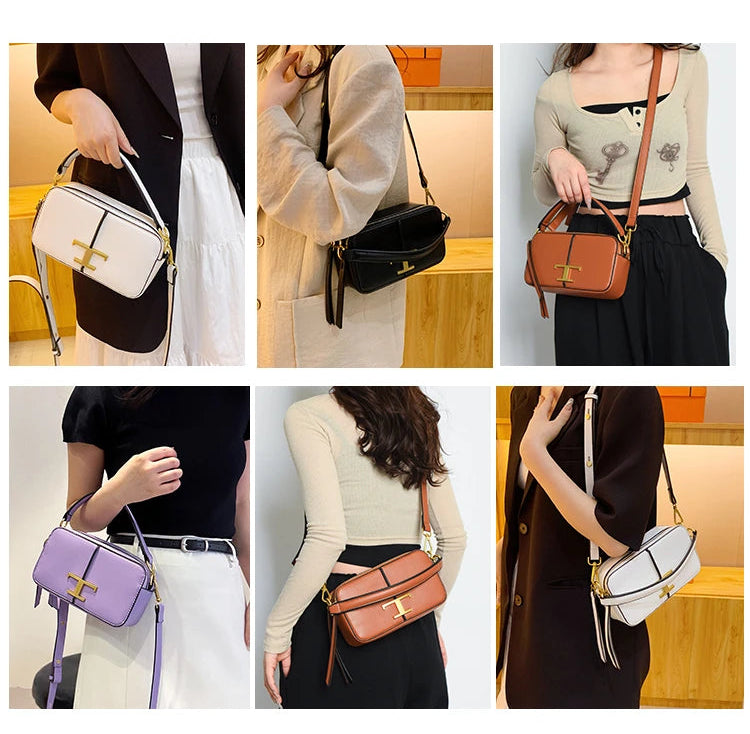 Collage of people using different handbags with text about multiple carrying methods.