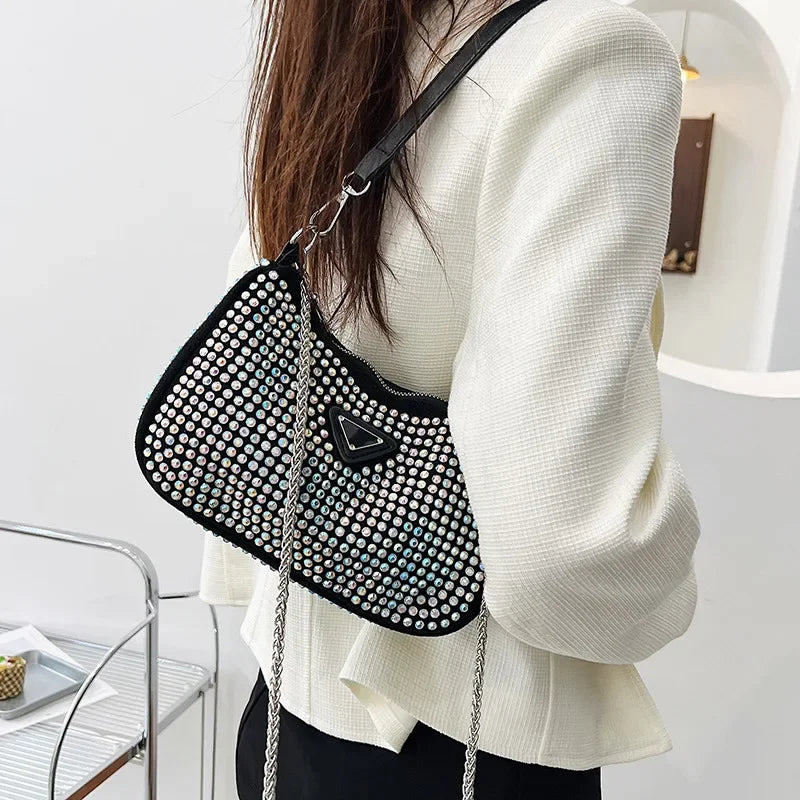 Trendy Rhinestone Handbag Women's Simple Elegance Full Diamond Underarm Single Shoulder Crossbody Bag Square Shape PU Leather