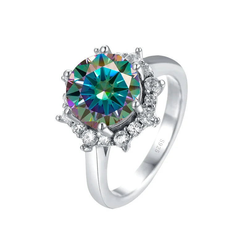 Silver ring with a colorful gemstone on a white background