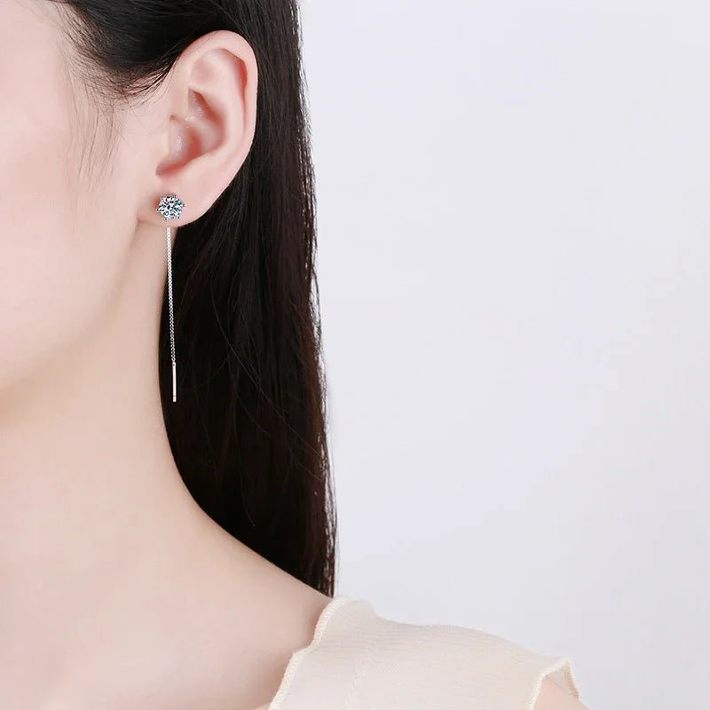 NeeTim 1CT Moissanite Earrings S925 Sterling Silver Plated with White Gold Ear Wire Line Drop Earring Hoop Wedding Fine Jewelry