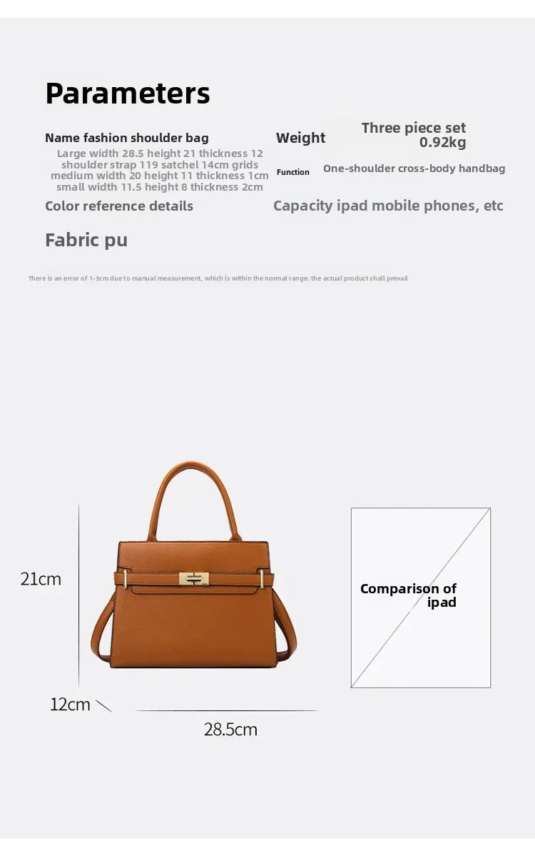 Fashion shoulder bag with dimensions and weight details on a white background