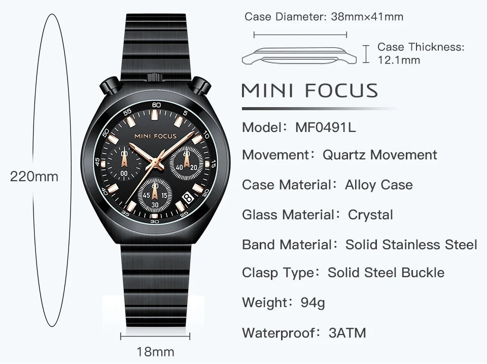 Black watch with detailed specifications on a white background