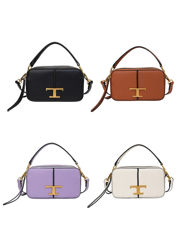 Four handbags in black, brown, purple, and white with gold 'T' logo on a white background.