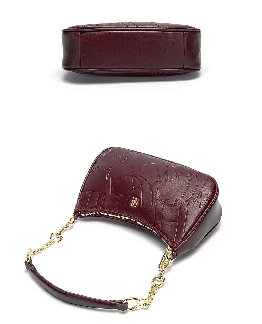 Burgundy handbag with gold chain strap on a white background