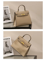 Beige handbag with gold hardware on a neutral background
