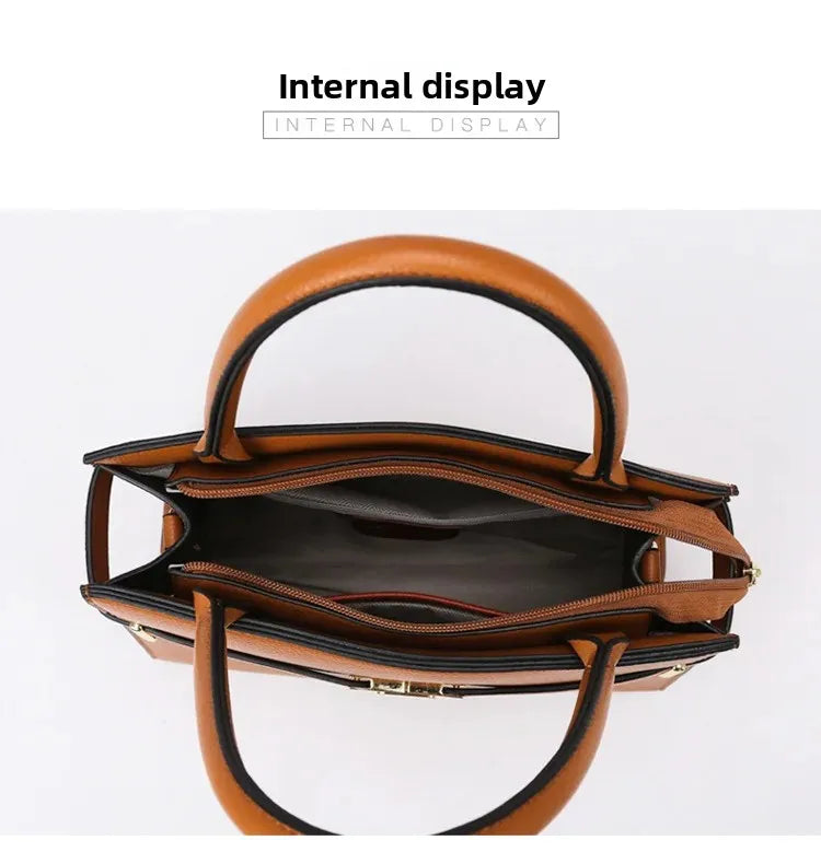 Brown handbag with open interior on a white background