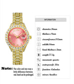 Gold watch with pink face on a white background, featuring product details.
