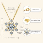 Gold necklace with snowflake pendant and detailed specifications on a white background