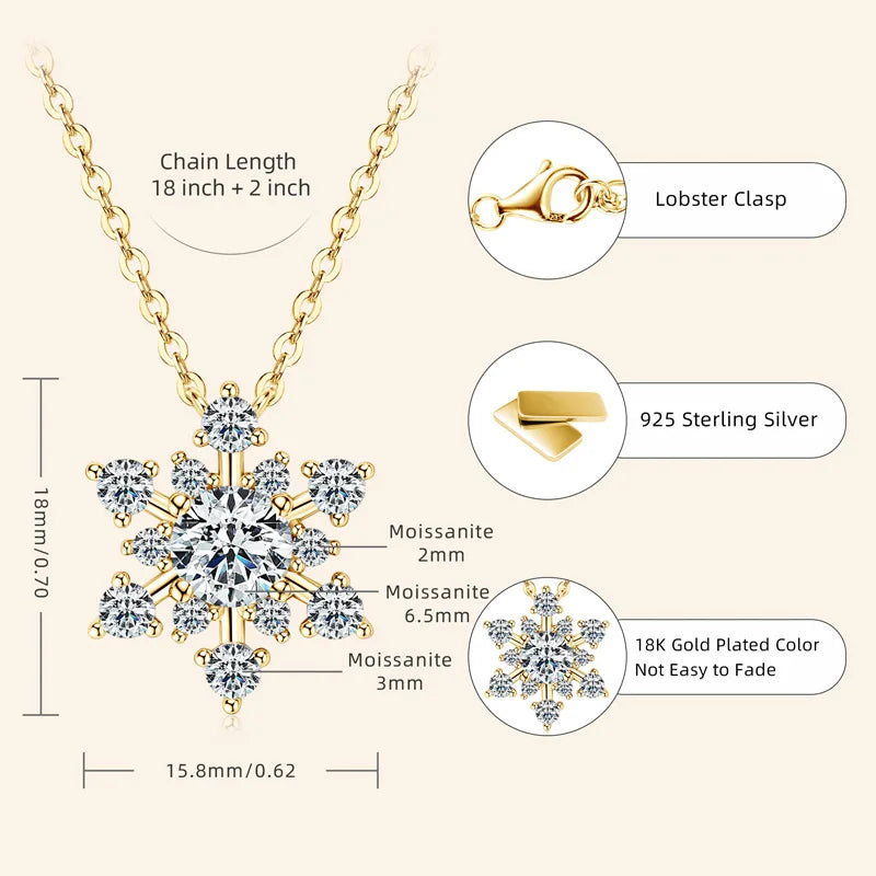 Gold necklace with snowflake pendant and detailed specifications on a white background