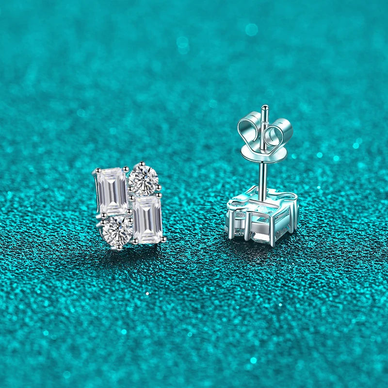 NeeTim Emerald Cut Full Moissanite Lab Diamond 925 Sterling Silver with White Gold Plated Stud Earrings Engagement for Women