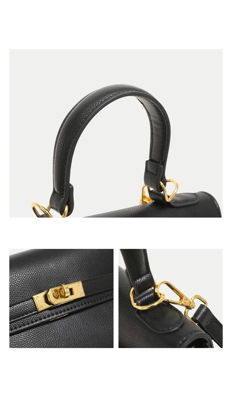 Black handbag with gold hardware on a light gray background