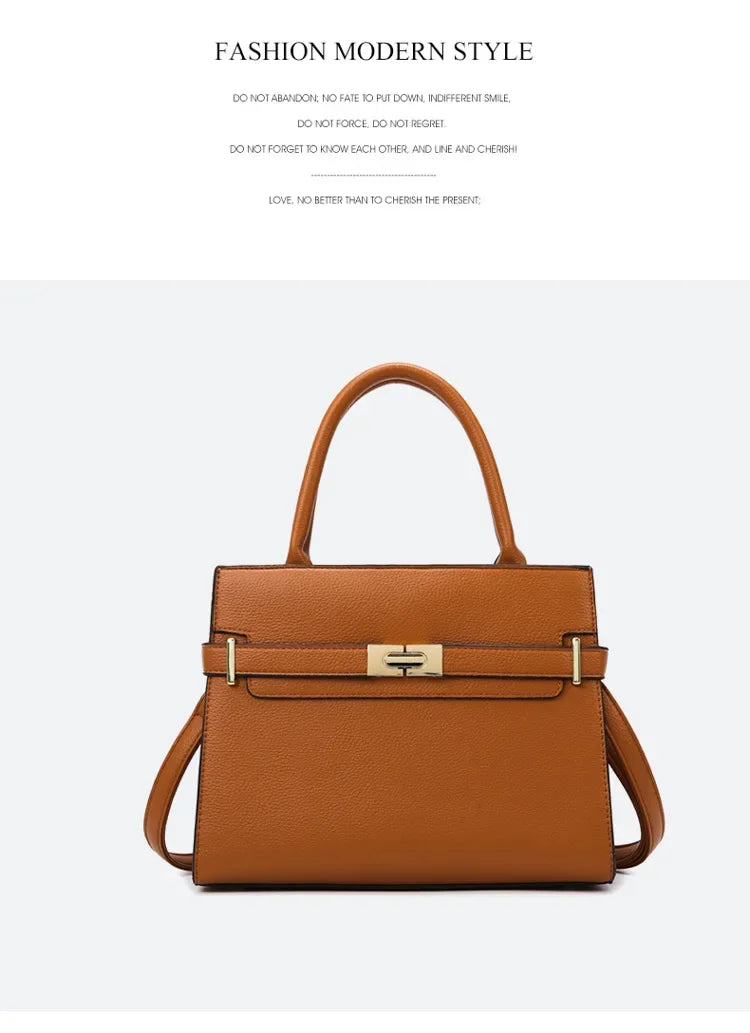 Brown handbag with gold accents on a white background