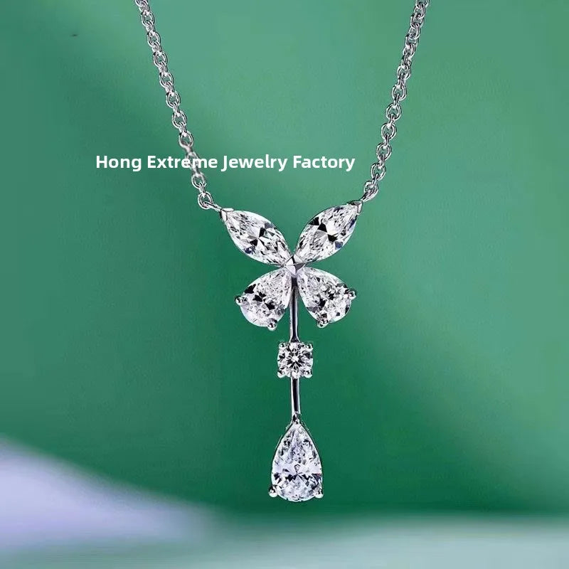 Elegant Pure Silver Waterdrop Diamond Pendant Necklace for Women Butterfly Knot Clavicle Chain Fresh Sweet Korean Style Vanaski