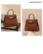 Brown handbag on a black surface with a beige background, featuring gold hardware.