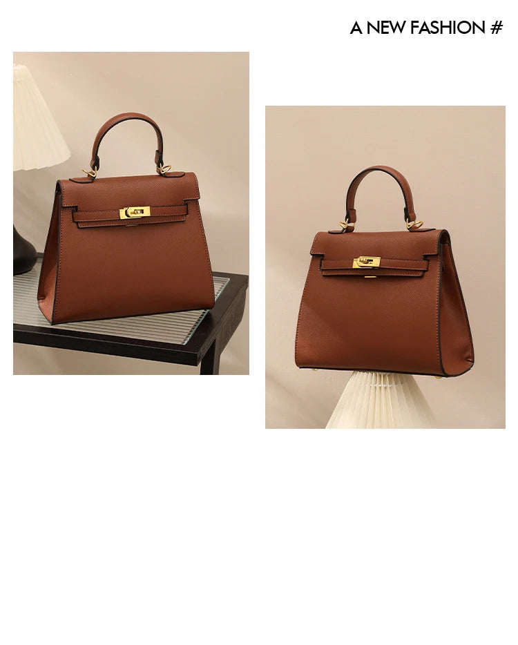 Brown handbag on a black surface with a beige background, featuring gold hardware.