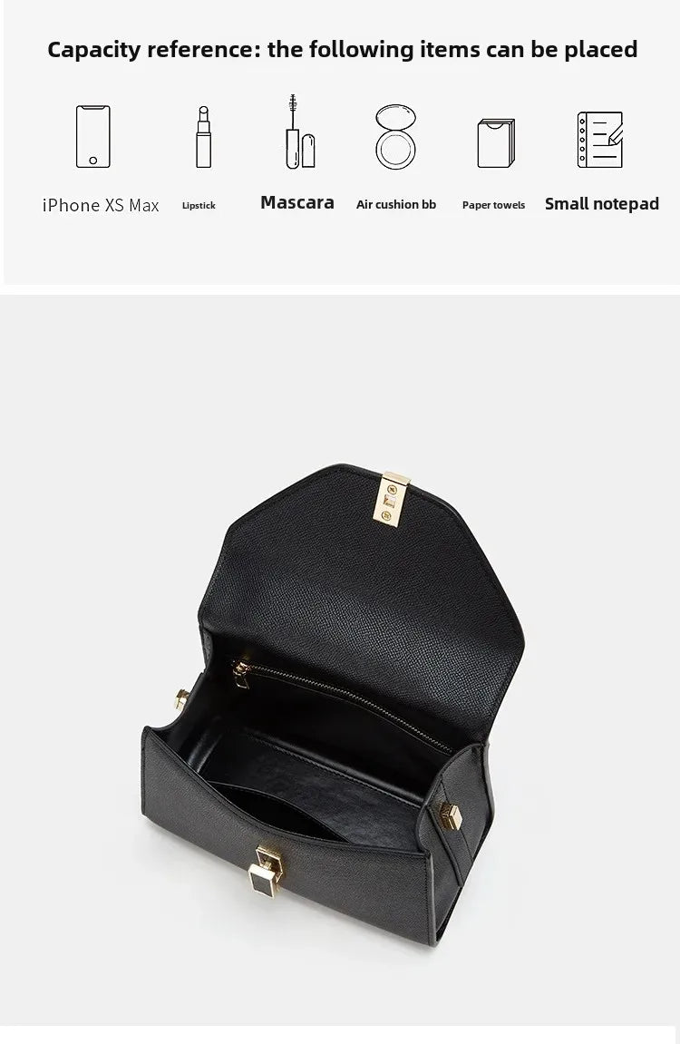 Black handbag with capacity reference items displayed above it on a white background