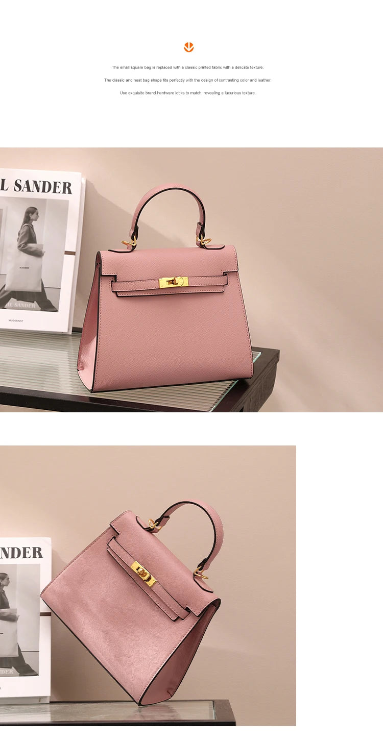Pink handbag with gold hardware on a beige surface, with a magazine in the background.