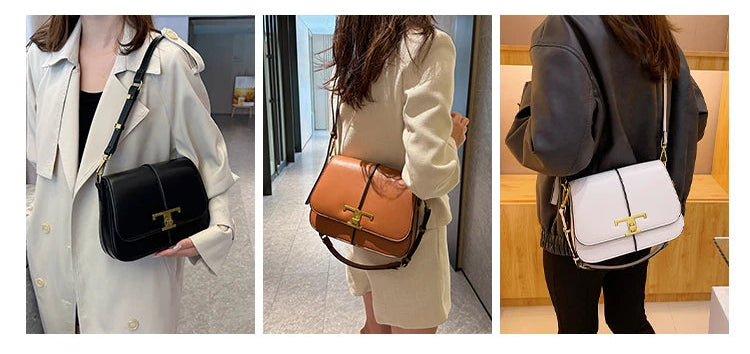 Three people holding different handbags in various settings