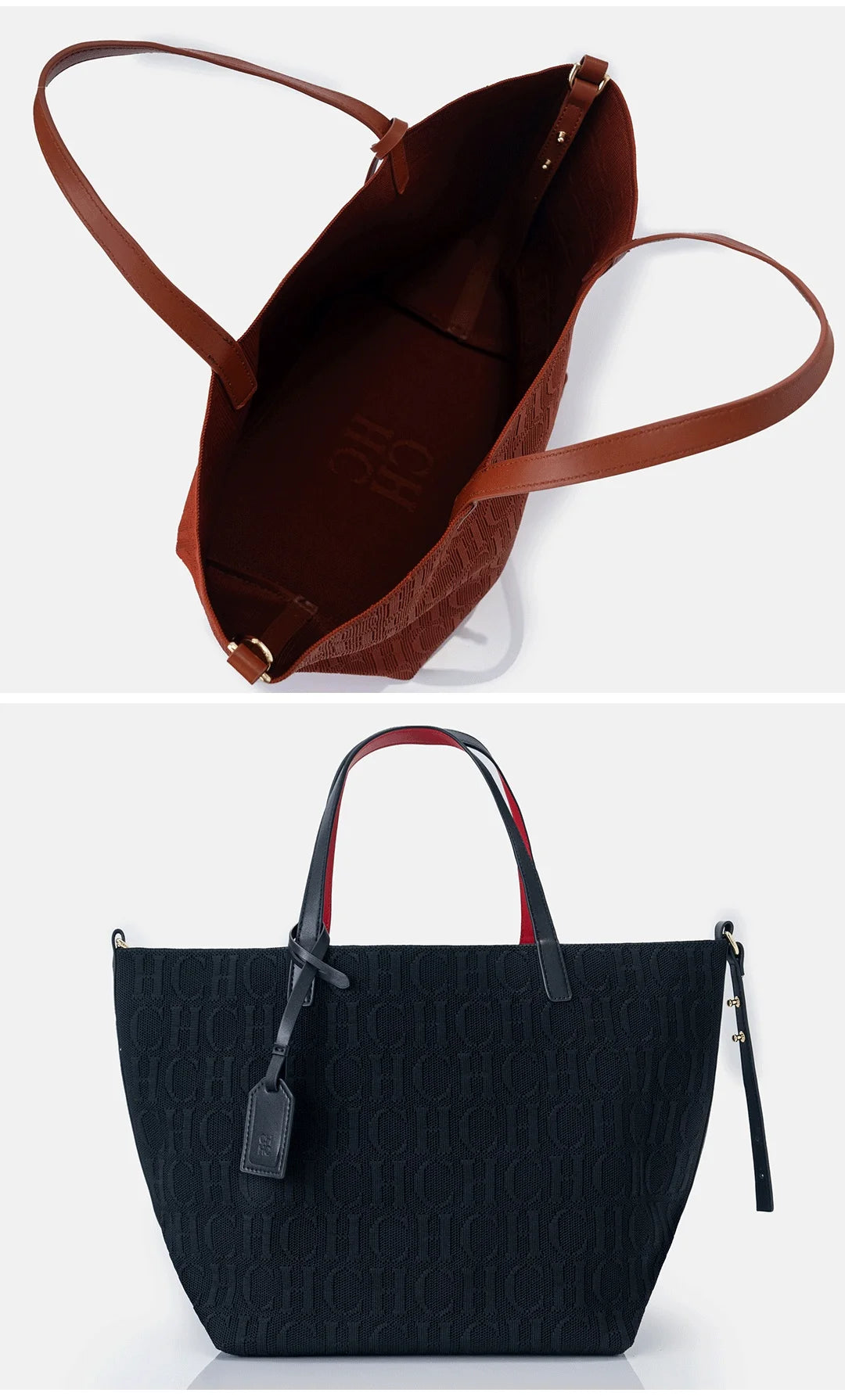 Brown leather tote bag and black quilted handbag on a white background