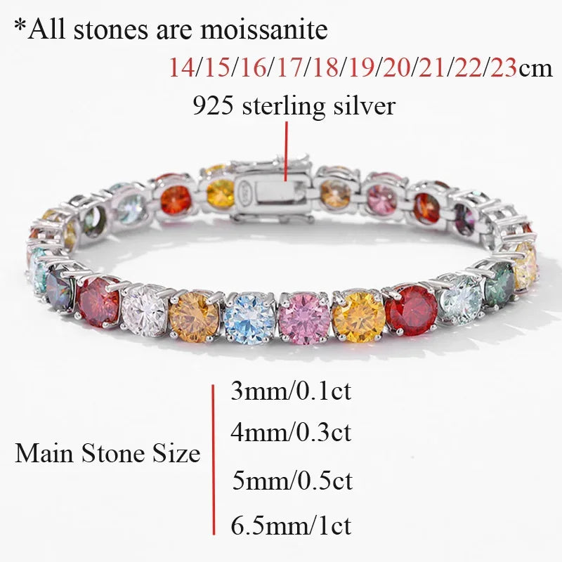Multicolored gemstone bracelet with size and material information on a white background