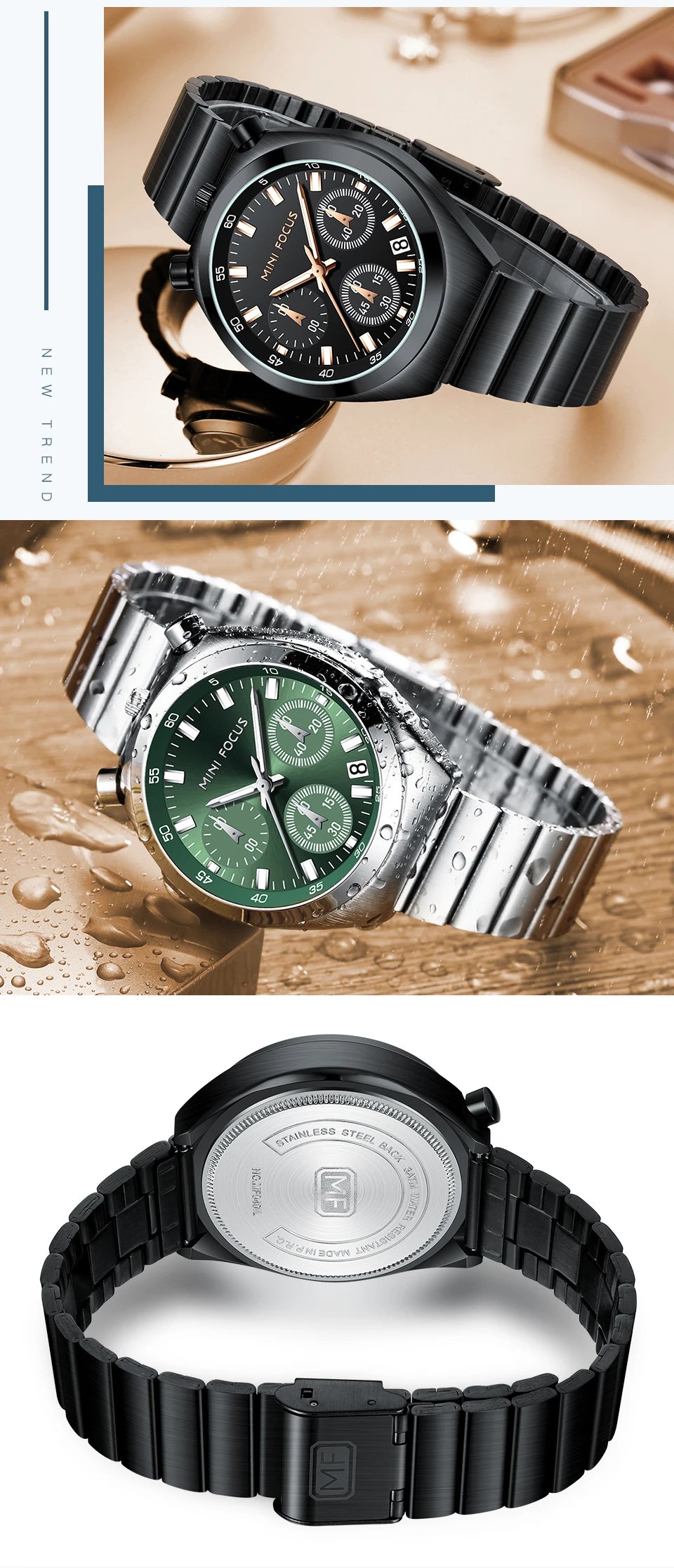 Three watches displayed with a focus on design and features.