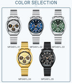 Collection of watches with different colored faces and metallic bands on a white background.