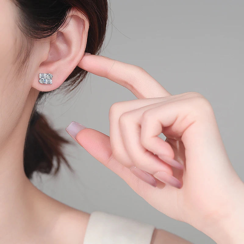 NeeTim Emerald Cut Full Moissanite Lab Diamond 925 Sterling Silver with White Gold Plated Stud Earrings Engagement for Women