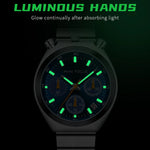 Watch with glowing green hands on a black background